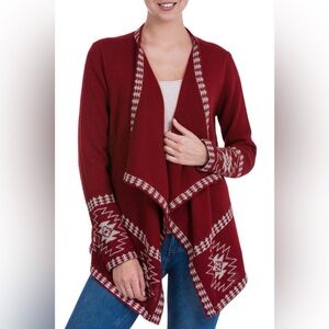 Novica Crimson Twilight Stars Red Alpaca Wool Cardigan Glyph Stars Peru Size S